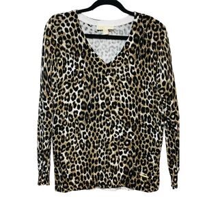Michael Kors Leopard Print V Neck Knit‎ Sweater Small